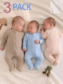 3pcs Baju Terusan Bayi Baru Lahir Bertekstur, Bodysuit Lengan Panjang dengan Resleting Warna Polos, Baju Merangkak Bayi Minimalis Warna Polos, Leher Bulat Lengan Panjang, Cocok untuk di Rumah dan di Luar Ruangan - MultiWarna - View 8