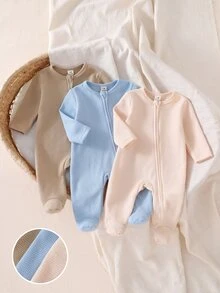 3pcs Baju Terusan Bayi Baru Lahir Bertekstur, Bodysuit Lengan Panjang dengan Resleting Warna Polos, Baju Merangkak Bayi Minimalis Warna Polos, Leher Bulat Lengan Panjang, Cocok untuk di Rumah dan di Luar Ruangan - MultiWarna - View 4