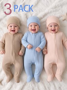 3pcs Baju Terusan Bayi Baru Lahir Bertekstur, Bodysuit Lengan Panjang dengan Resleting Warna Polos, Baju Merangkak Bayi Minimalis Warna Polos, Leher Bulat Lengan Panjang, Cocok untuk di Rumah dan di Luar Ruangan - MultiWarna - View 7