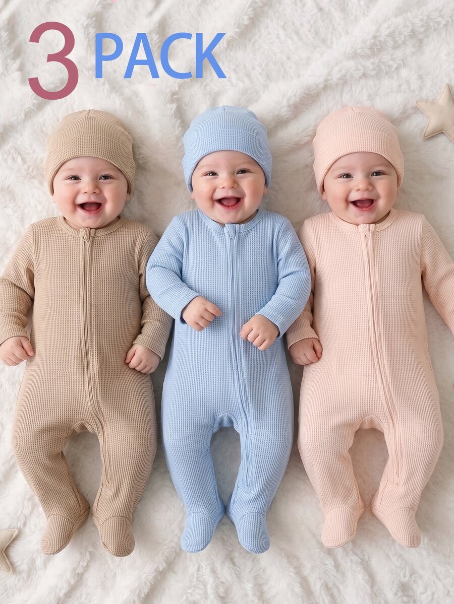 3pcs Newborn Textured Fabric Footed Rompers, Solid Color Zipper Long Sleeve Bodysuits, Minimalist Solid Color Baby Crawl Suits, Round Neck Long Sleeve, Suitable For Home And Outings - Multicolor - View 1