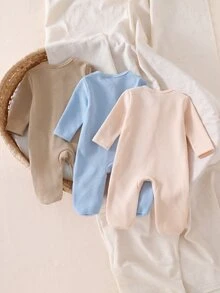 3pcs Baju Terusan Bayi Baru Lahir Bertekstur, Bodysuit Lengan Panjang dengan Resleting Warna Polos, Baju Merangkak Bayi Minimalis Warna Polos, Leher Bulat Lengan Panjang, Cocok untuk di Rumah dan di Luar Ruangan - MultiWarna - View 2