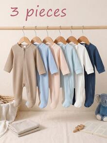 3pcs Baju Terusan Bayi Baru Lahir Bertekstur, Bodysuit Lengan Panjang dengan Resleting Warna Polos, Baju Merangkak Bayi Minimalis Warna Polos, Leher Bulat Lengan Panjang, Cocok untuk di Rumah dan di Luar Ruangan - MultiWarna - View 1