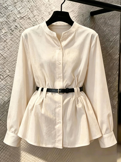 Franclia New Women's Elegant Casual Commute Stand Collar Waist Belt Slimming Long Sleeve Shirt