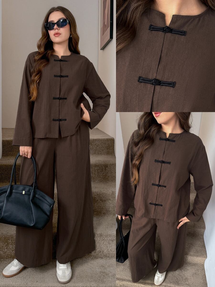 Easowa Curve Plus Size Women Solid Color Frog Button Long Sleeve Top And Pants Casual Daily 2 Pieces Set Fall