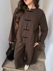 Easowa Curve Plus Size Women Solid Color Frog Button Long Sleeve Top And Pants Casual Daily 2 Pieces Set Fall - Brown - View 7