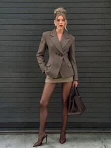 Lumalex Fall Winter Houndstooth Exaggerated Padded Shoulder Cinched Waist Asymmetrical Button Women's Blazer,New Fall Styles Dawn-To-Gala Elegant - Khaki - View 10