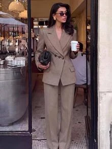 Lumalex Fall Winter Houndstooth Exaggerated Padded Shoulder Cinched Waist Asymmetrical Button Women's Blazer,New Fall Styles Dawn-To-Gala Elegant - Khaki - View 1