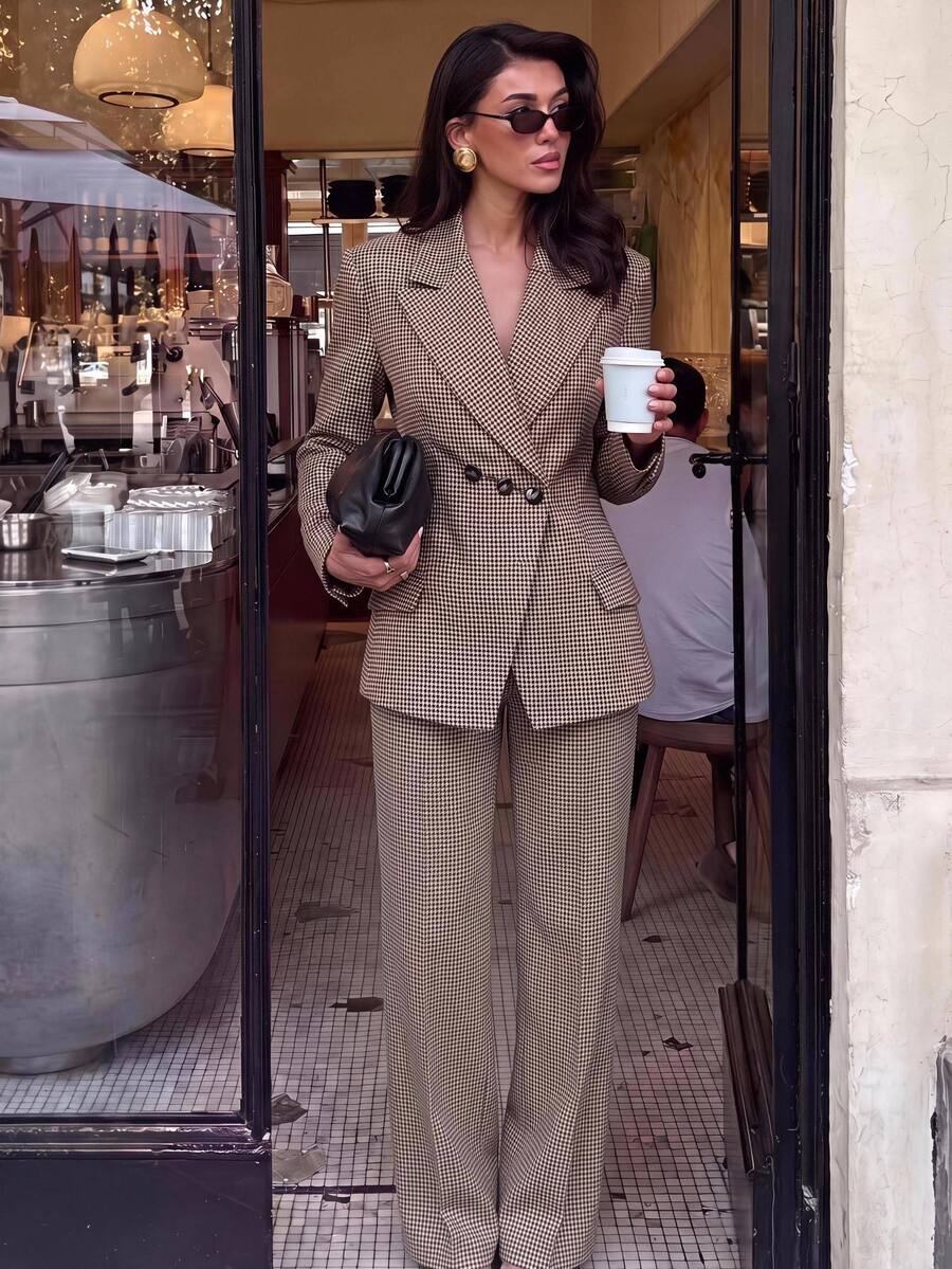 Lumalex Fall Winter Houndstooth Exaggerated Padded Shoulder Cinched Waist Asymmetrical Button Women's Blazer,New Fall Styles Dawn-To-Gala Elegant - Khaki - View 1
