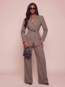 Lumalex Fall Winter Houndstooth Exaggerated Padded Shoulder Cinched Waist Asymmetrical Button Women's Blazer,New Fall Styles Dawn-To-Gala Elegant - Khaki - View 2