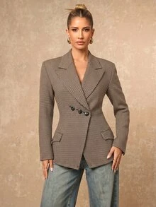 Lumalex Fall Winter Houndstooth Exaggerated Padded Shoulder Cinched Waist Asymmetrical Button Women's Blazer,New Fall Styles Dawn-To-Gala Elegant - Khaki - View 9
