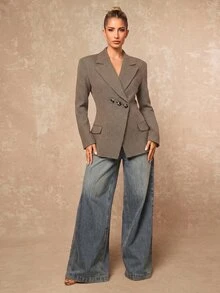 Lumalex Fall Winter Houndstooth Exaggerated Padded Shoulder Cinched Waist Asymmetrical Button Women's Blazer,New Fall Styles Dawn-To-Gala Elegant - Khaki - View 6