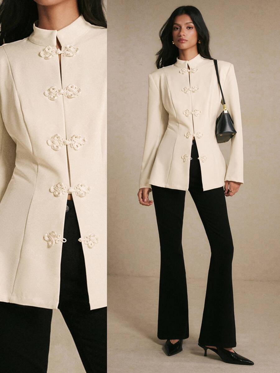 Poéselle Blazer Krem Potongan Pas dengan Kancing Frog Elegan, Pakaian Kerja Wanita, Musim Gugur dan Dingin 2026