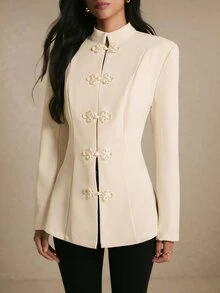 Poéselle Blazer Krem Potongan Pas dengan Kancing Frog Elegan, Pakaian Kerja Wanita, Musim Gugur dan Dingin 2026 - Aprikot - View 7