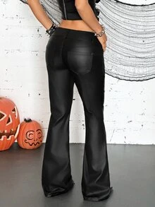Jeanoix Y2K Fashion Low Waist 3D Pleated Sexy Slim Fit Faux Leather Coated Flare Pants - Black - View 2