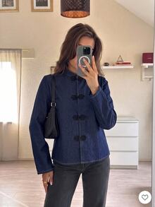 Serisse 女款街頭風優雅盤扣長袖牛仔外套，秋冬女裝穿搭，中式盤扣牛仔夾克，基礎百搭外套 - 藍色 - 查看 3