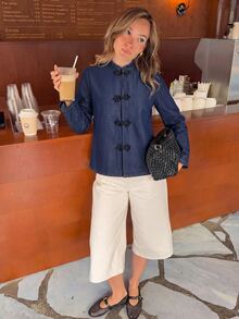 Serisse 女款街頭風優雅盤扣長袖牛仔外套，秋冬女裝穿搭，中式盤扣牛仔夾克，基礎百搭外套 - 藍色 - 查看 8