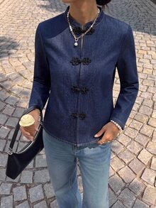 Serisse 女款街頭風優雅盤扣長袖牛仔外套，秋冬女裝穿搭，中式盤扣牛仔夾克，基礎百搭外套 - 藍色 - 查看 4