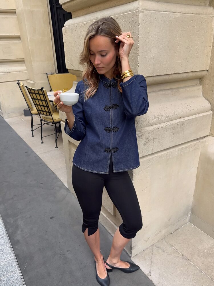 Serisse Women's Street Style Elegant Frog Button Long Sleeve Denim Jacket, Fall Winter Outfits For Women, Chinese Buckle Denim Jacket, Basic Versatile Jacket. - Blue - View 7