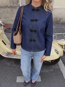 Serisse 女款街頭風優雅盤扣長袖牛仔外套，秋冬女裝穿搭，中式盤扣牛仔夾克，基礎百搭外套 - 藍色 - 查看 9
