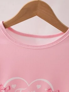 女童針織圓領長袖上衣與長褲兩件套，蝴蝶結、愛心與數位印花圖案，柔軟親膚修身睡衣居家服 - 粉色 - 查看 7