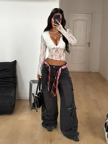 Coolane Women's Spring/Summer Streetwear Rave Festival Boho Western Wear Y2K Gyaru Lace Deep V-Neck Long Sleeve Top - White - View 2