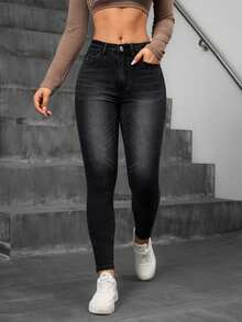 SHEIN Essnce Women's Front Button Pocket Simple Casual Denim Pants Y2k - Black - View 1