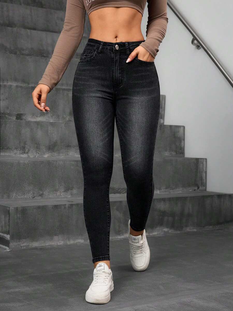 SHEIN Essnce Women's Front Button Pocket Simple Casual Denim Pants Y2k - Black - View 1
