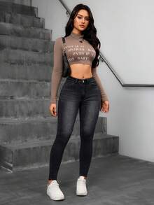 SHEIN Essnce Women's Front Button Pocket Simple Casual Denim Pants Y2k - Black - View 4