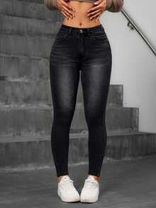 SHEIN Essnce Women's Front Button Pocket Simple Casual Denim Pants Y2k - Black - View 5