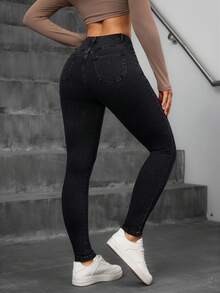 SHEIN Essnce Women's Front Button Pocket Simple Casual Denim Pants Y2k - Black - View 2