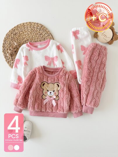 4pcs Baby Girls Sweatshirt Pants Cute Sweet Pink Cable Bow Bear Patch Long Sleeve Crew Neck Regular Daily Fall Christmas Pullover Sweaters Fuzzy Plush