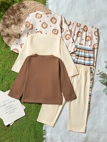 SHEIN Vintaside Kids 3件組男孩獅子卡通印花長袖套裝，活力風格，適合四季，休閒日常穿著 - 彩色 - 查看 2