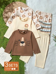 SHEIN Vintaside Kids 3件組男孩獅子卡通印花長袖套裝，活力風格，適合四季，休閒日常穿著 - 彩色 - 查看 1