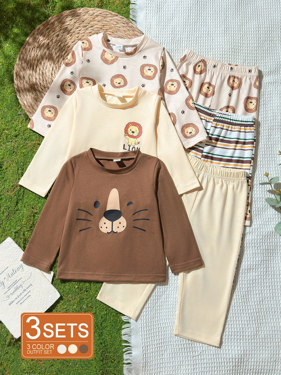 SHEIN Vintaside Kids 3件組男孩獅子卡通印花長袖套裝,活力風格,適合四季,休閒日常穿著 - 彩色 - 查看 1