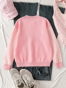 Tween Girl Heart Stripe Pink Cute Pullover Sweater - Pink - View 2