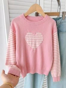 Tween Girl Heart Stripe Pink Cute Pullover Sweater - Pink - View 1