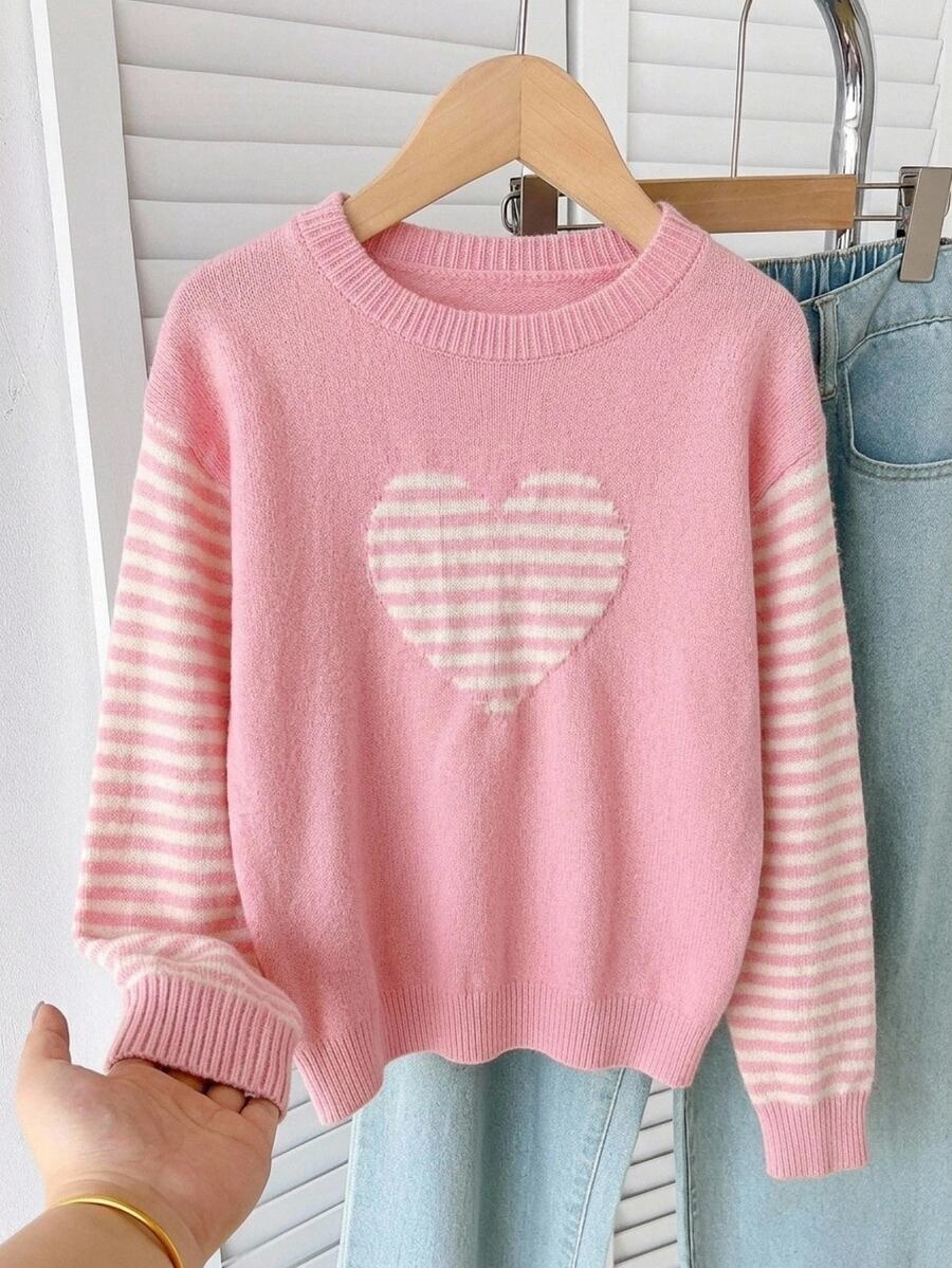 Tween Girl Heart Stripe Pink Cute Pullover Sweater - Pink - View 1