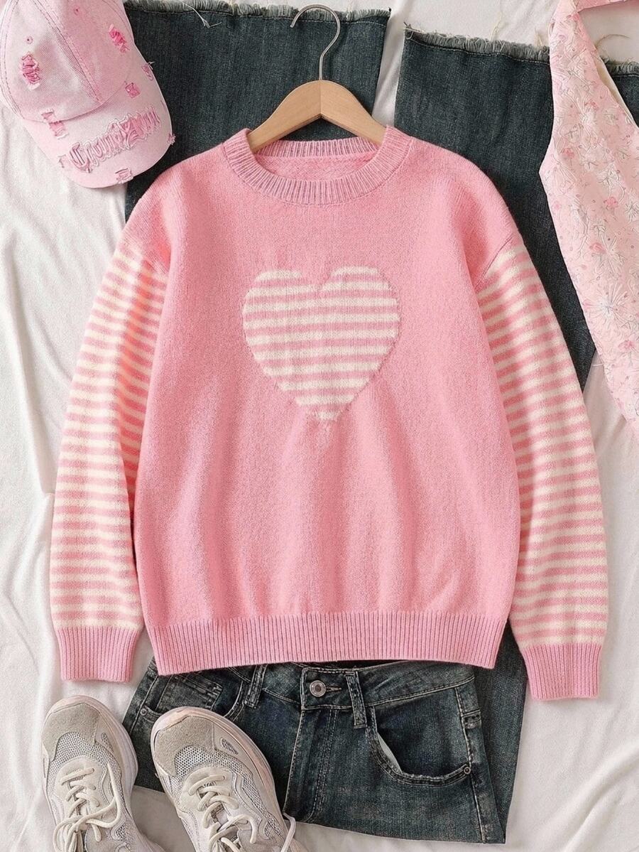 Tween Girl Heart Stripe Pink Cute Pullover Sweater - Pink - View 1