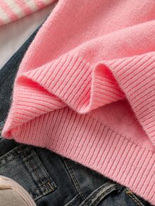 Tween Girl Heart Stripe Pink Cute Pullover Sweater - Pink - View 9