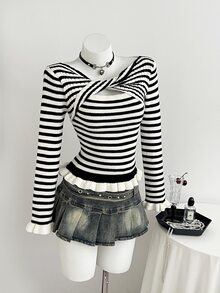 Elamini Áo len dệt kim nữ cổ thuyền rỗng, vạt đè nơ, tay áo và gấu bèo nhún, họa tiết kẻ sọc phối màu tương phản, phong cách thanh lịch đa năng cho mùa thu/đông - Đen và trắng - Xem 3