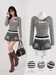 Elamini Áo len dệt kim nữ cổ thuyền rỗng, vạt đè nơ, tay áo và gấu bèo nhún, họa tiết kẻ sọc phối màu tương phản, phong cách thanh lịch đa năng cho mùa thu/đông - Đen và trắng - Xem 1
