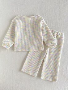 SHEIN 2件組女嬰套頭上衣+長褲，甜美優雅薰衣草黃色，3D蝴蝶結華夫格長袖圓領常規款，生日秋季節日萬聖節羅紋 - 彩色 - 查看 2