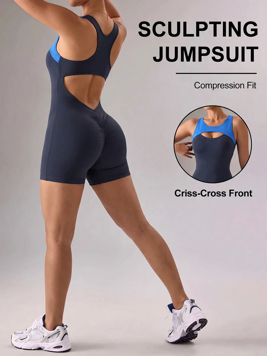 Easithlete Easithlete Colorblock Cut Out Front Sports Romper Gym Navy Blue Summer Sporty Sexy - Multicolor - View 1