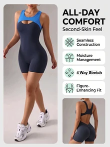 Easithlete Easithlete Colorblock Cut Out Front Sports Romper Gym Navy Blue Summer Sporty Sexy - Multicolor - View 2