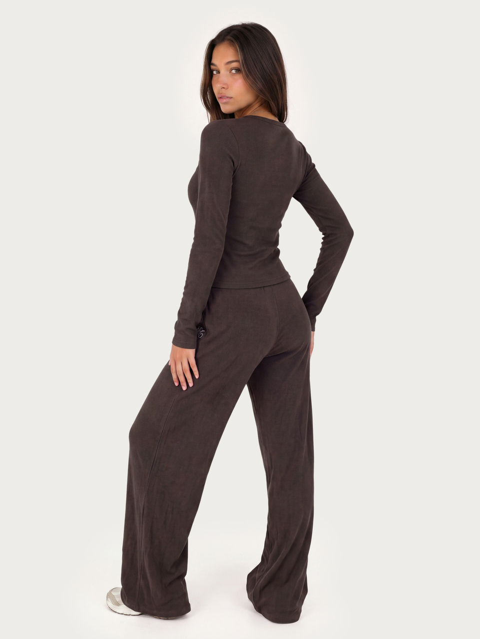 MISSGUIDED TEEN Ribbed Long Sleeve Crop Top And Wide Leg Casual Pants Co-Ord Set With Embroidered Logo Detail Fall Winter Loungewear