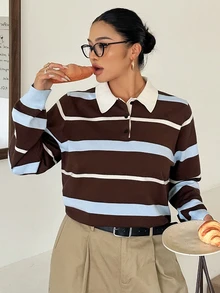 Dazy Plus Autumn/Winter New Loose Business Casual Striped Color Block Patchwork Pullover Knit Sweater - Brown - View 3