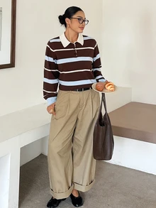 Dazy Plus Autumn/Winter New Loose Business Casual Striped Color Block Patchwork Pullover Knit Sweater - Brown - View 4