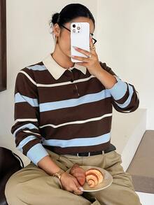 Dazy Plus Autumn/Winter New Loose Business Casual Striped Color Block Patchwork Pullover Knit Sweater - Brown - View 1