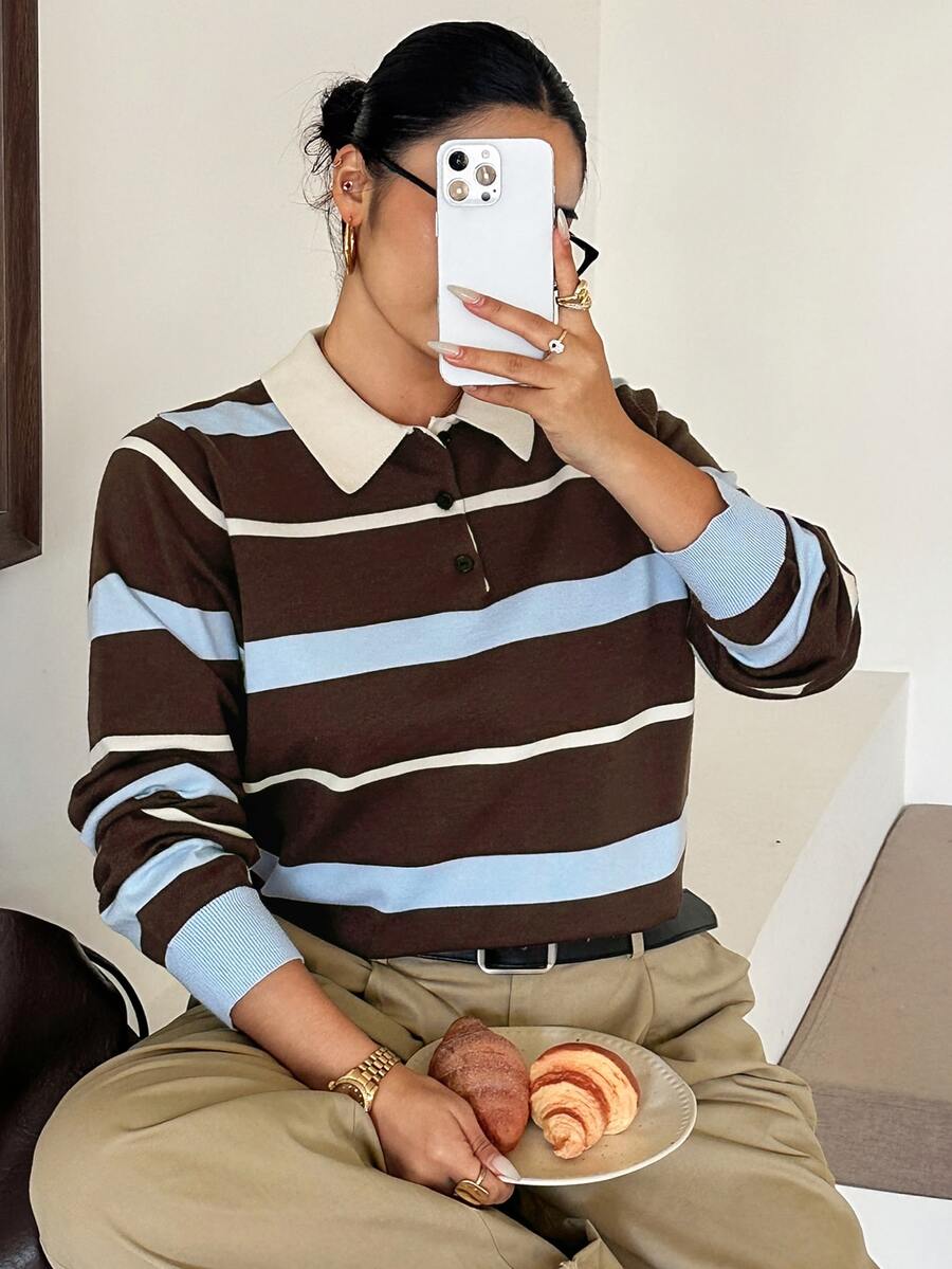 Dazy Plus Autumn/Winter New Loose Business Casual Striped Color Block Patchwork Pullover Knit Sweater - Brown - View 1