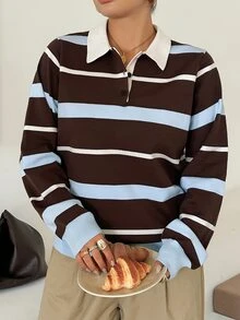 Dazy Plus Autumn/Winter New Loose Business Casual Striped Color Block Patchwork Pullover Knit Sweater - Brown - View 6
